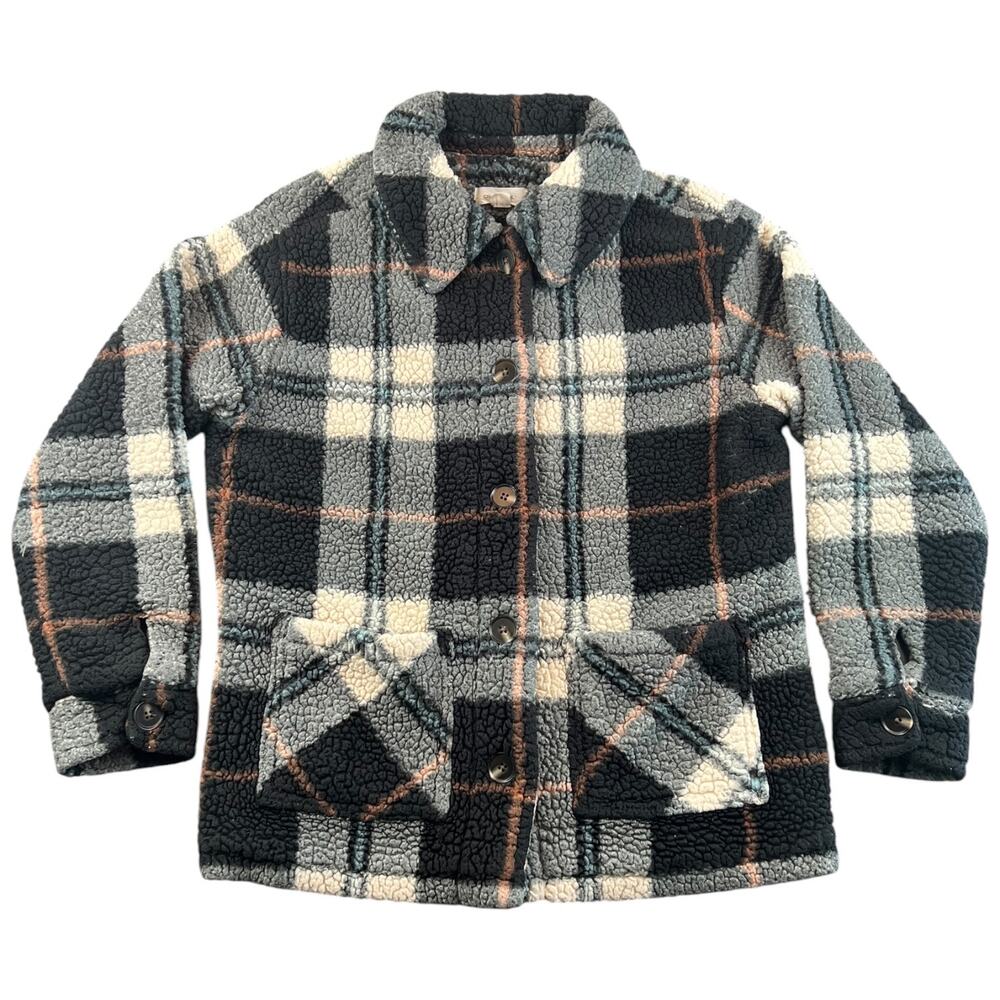 O’Neill Black Gray Plaid Sherpa Shacket Teddy Fleece Jacket Cozy Women’s S